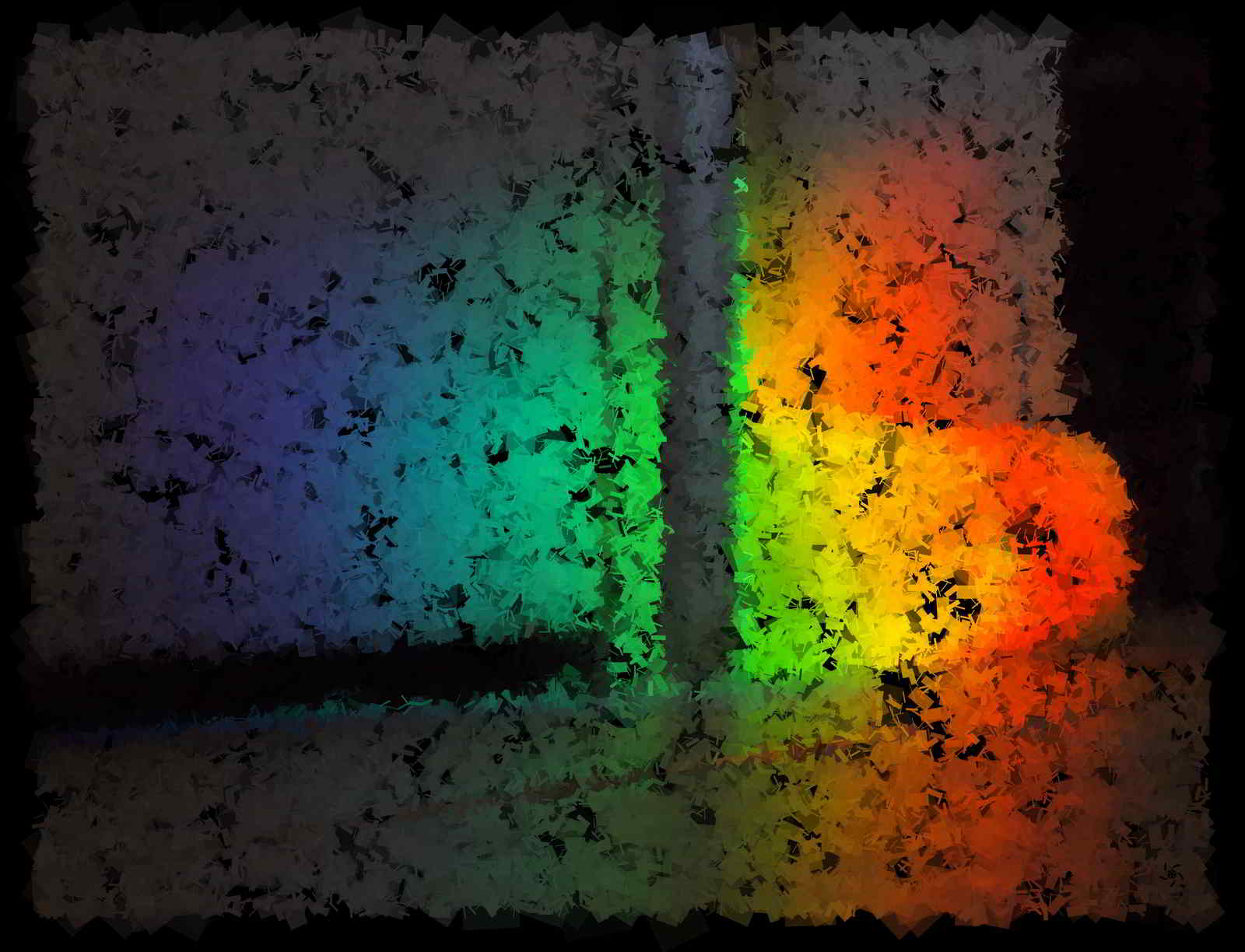 A rainbow on a wall and floor, made up of overlapping rectangles.